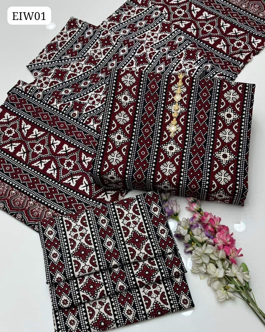 Tradional Handmade Sindhi Ajrak Print Cotton Shirt And Trouser With Duppata 3Pc Dress