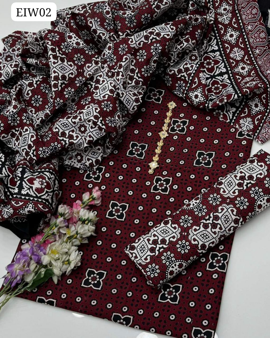 Tradional Handmade Sindhi Ajrak Print Cotton Shirt And Trouser With Duppata 3Pc Dress
