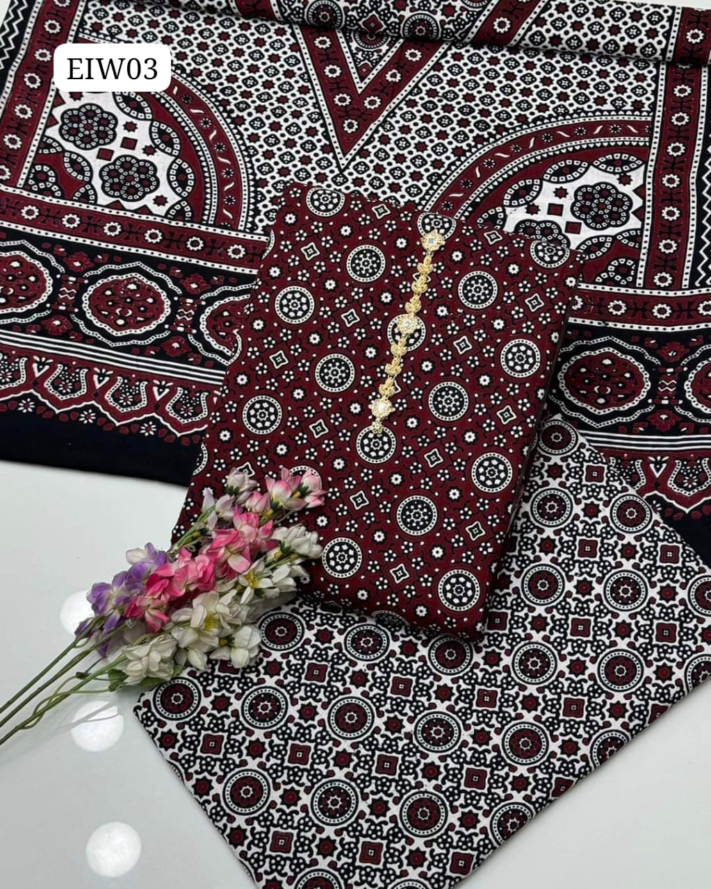 Tradional Handmade Sindhi Ajrak Print Cotton Shirt And Trouser With Duppata 3Pc Dress