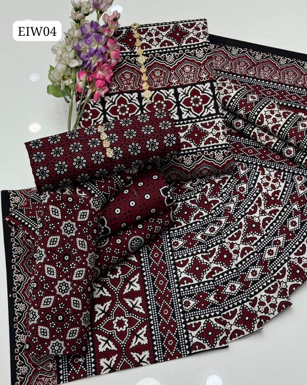 Tradional Handmade Sindhi Ajrak Print Cotton Shirt And Trouser With Duppata 3Pc Dress