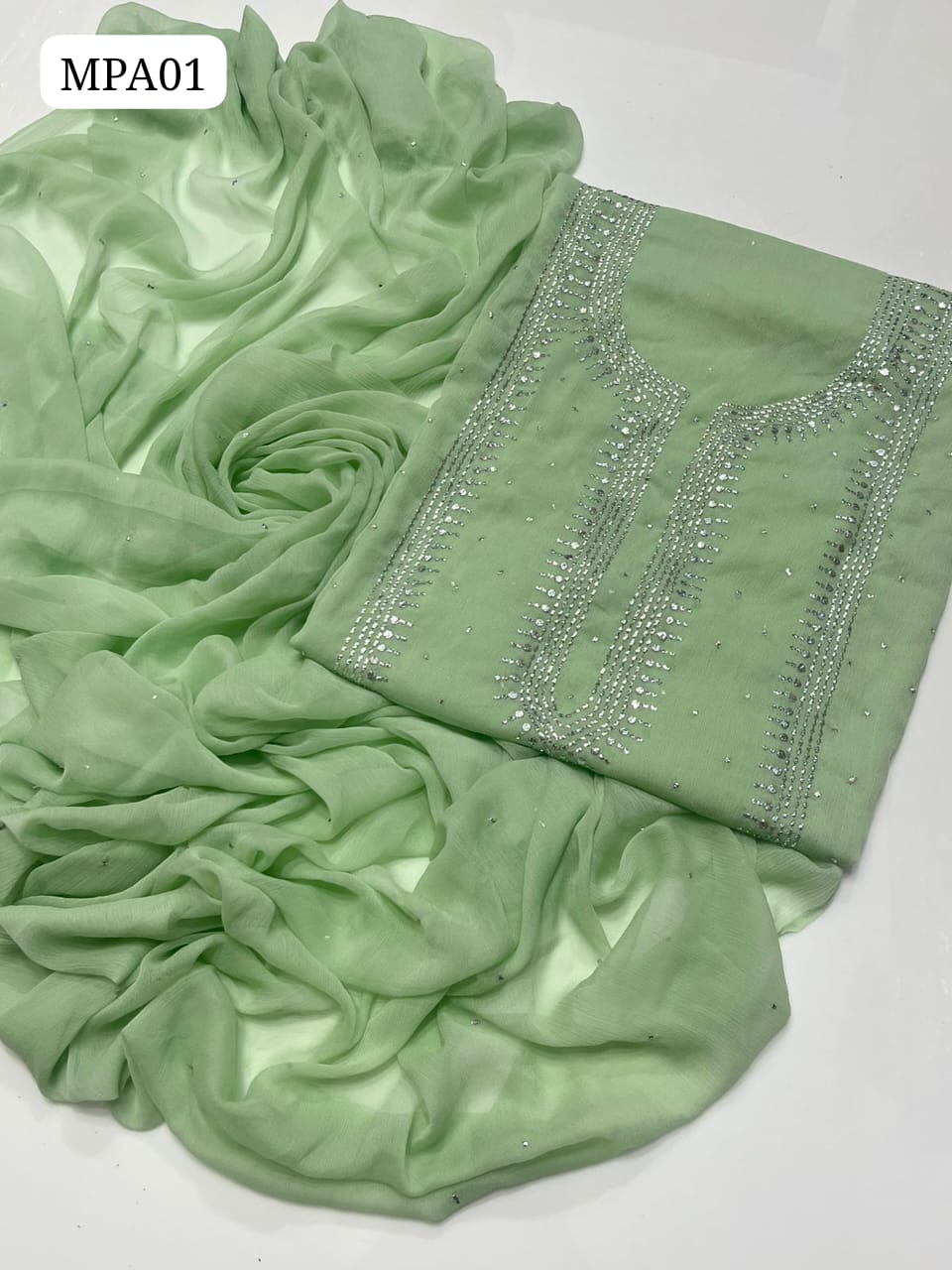 Stuff Bamber Chiffon HandMade Kamdani (Mukesh) Work Shirt With Dupatta Embroidered 2Pc Dress  