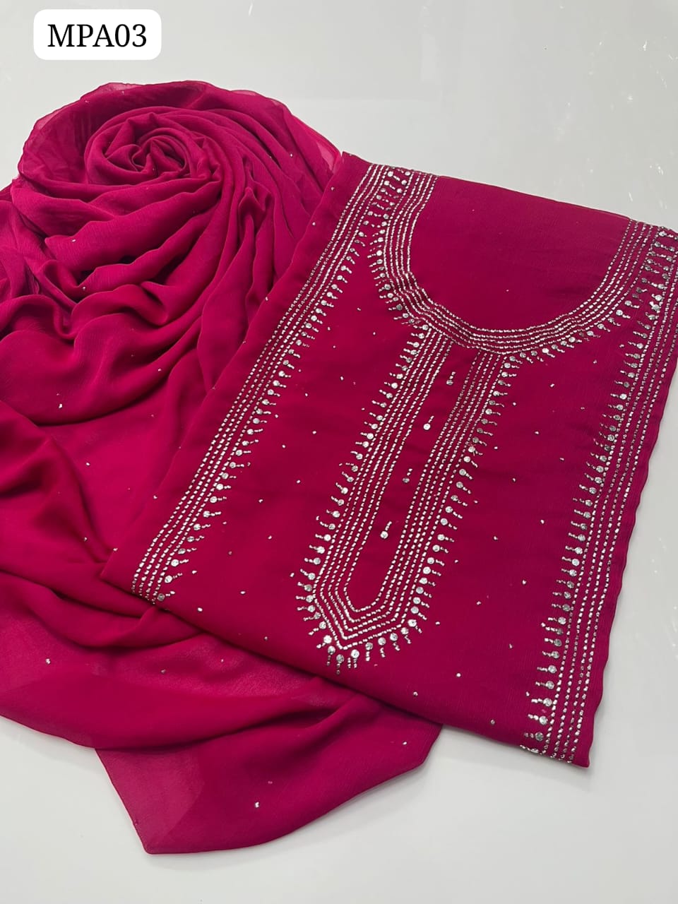 Stuff Bamber Chiffon HandMade Kamdani (Mukesh) Work Shirt With Dupatta Embroidered 2Pc Dress  