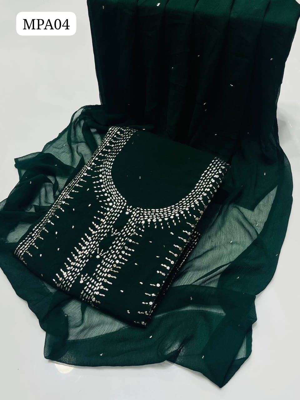 Stuff Bamber Chiffon HandMade Kamdani (Mukesh) Work Shirt With Dupatta Embroidered 2Pc Dress  