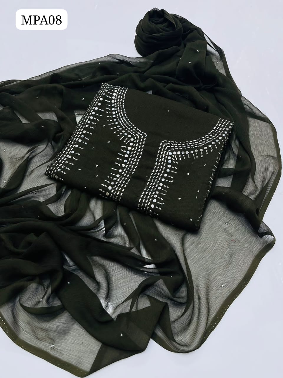 Stuff Bamber Chiffon HandMade Kamdani (Mukesh) Work Shirt With Dupatta Embroidered 2Pc Dress  