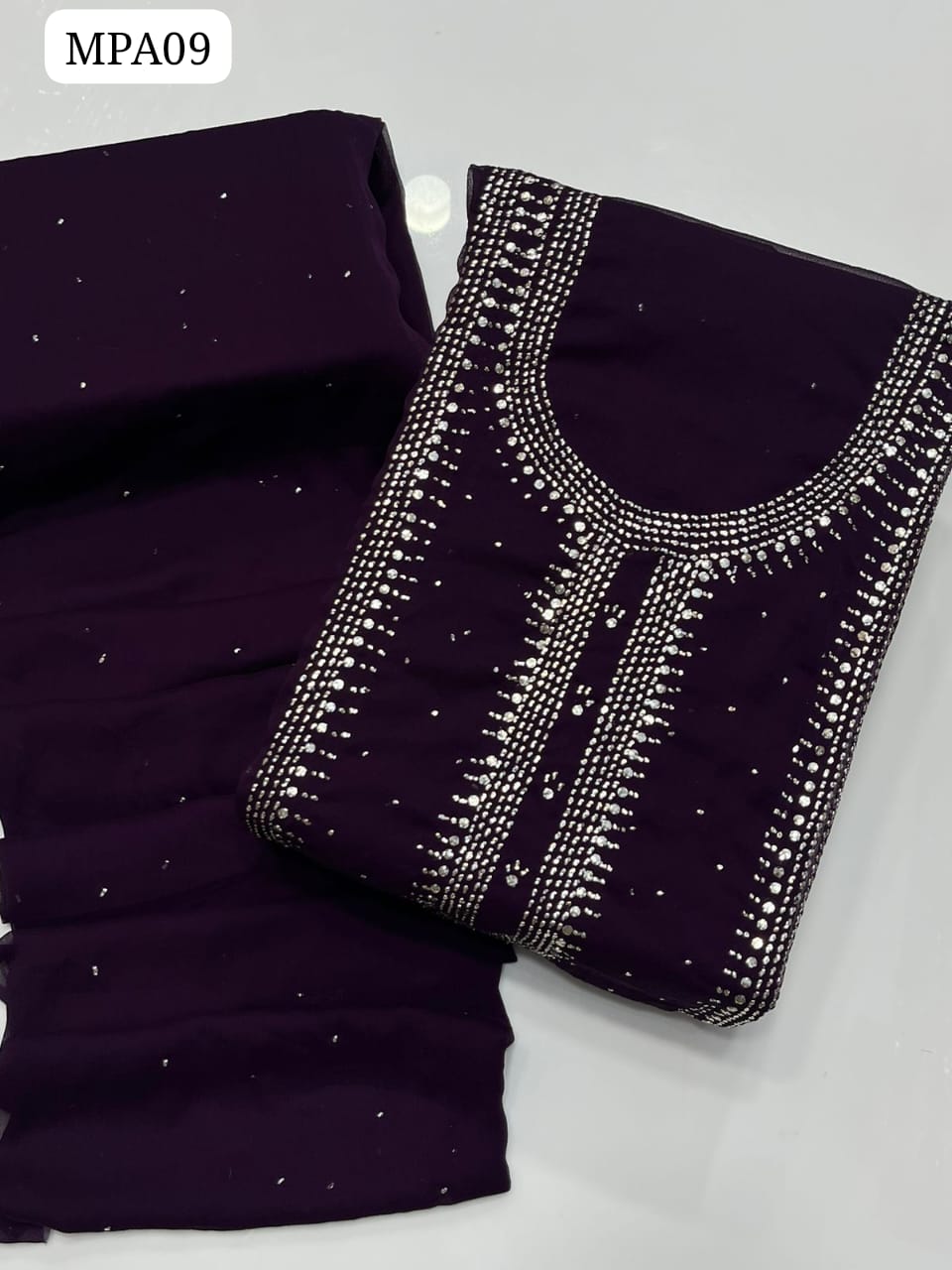 Stuff Bamber Chiffon HandMade Kamdani (Mukesh) Work Shirt With Dupatta Embroidered 2Pc Dress  