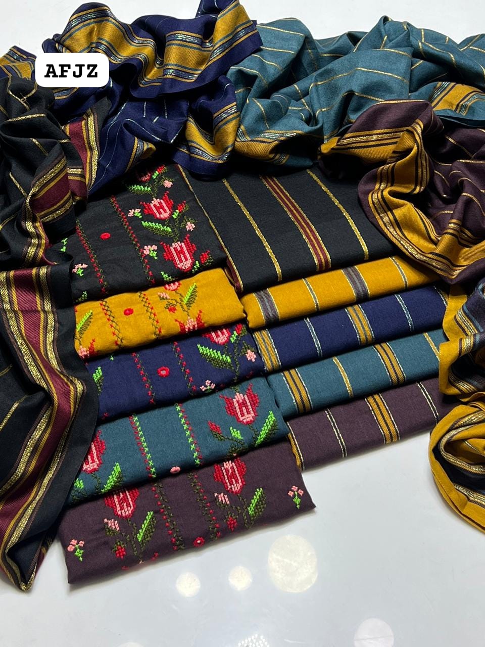 Stuff Soft Wool Marina Crossstitch Gala Front Boti Jaal Shirt, Self Trouser Along With Soft Wool Marina Shawl,s  3pcs Dress