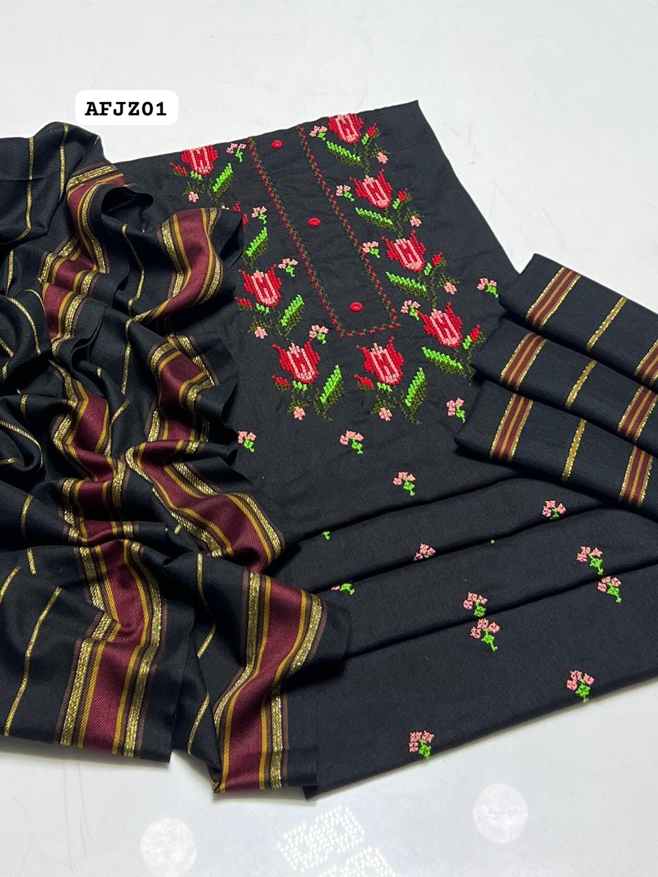 Stuff Soft Wool Marina Crossstitch Gala Front Boti Jaal Shirt, Self Trouser Along With Soft Wool Marina Shawl,s  3pcs Dress