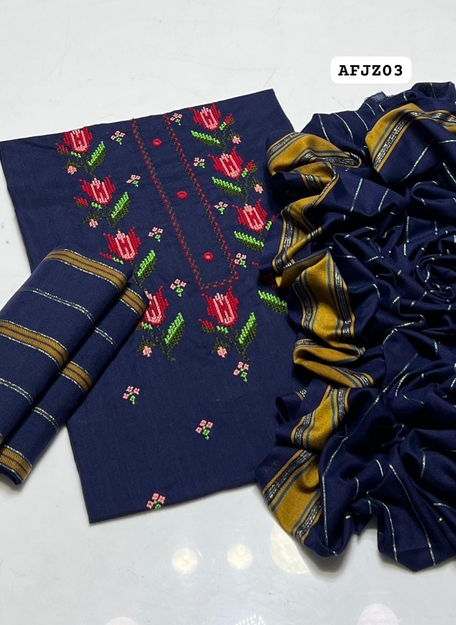 Stuff Soft Wool Marina Crossstitch Gala Front Boti Jaal Shirt, Self Trouser Along With Soft Wool Marina Shawl,s  3pcs Dress