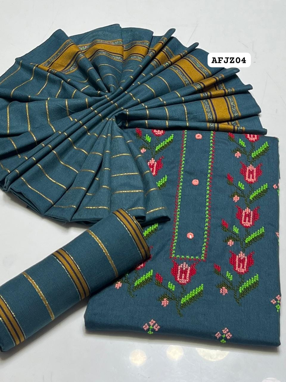 Stuff Soft Wool Marina Crossstitch Gala Front Boti Jaal Shirt, Self Trouser Along With Soft Wool Marina Shawl,s  3pcs Dress