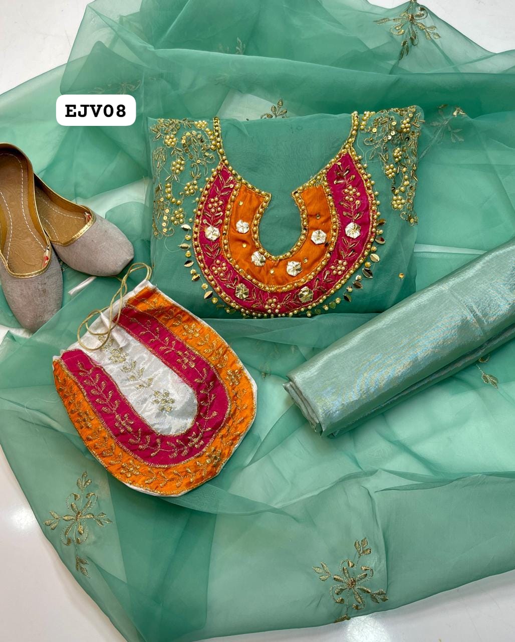 Stuff Organza Multi pplic Tilla Aari Beads Embroidery Shirt And Organza Boti Dupatta With Kattan SIlk Trouser 3PC Dress