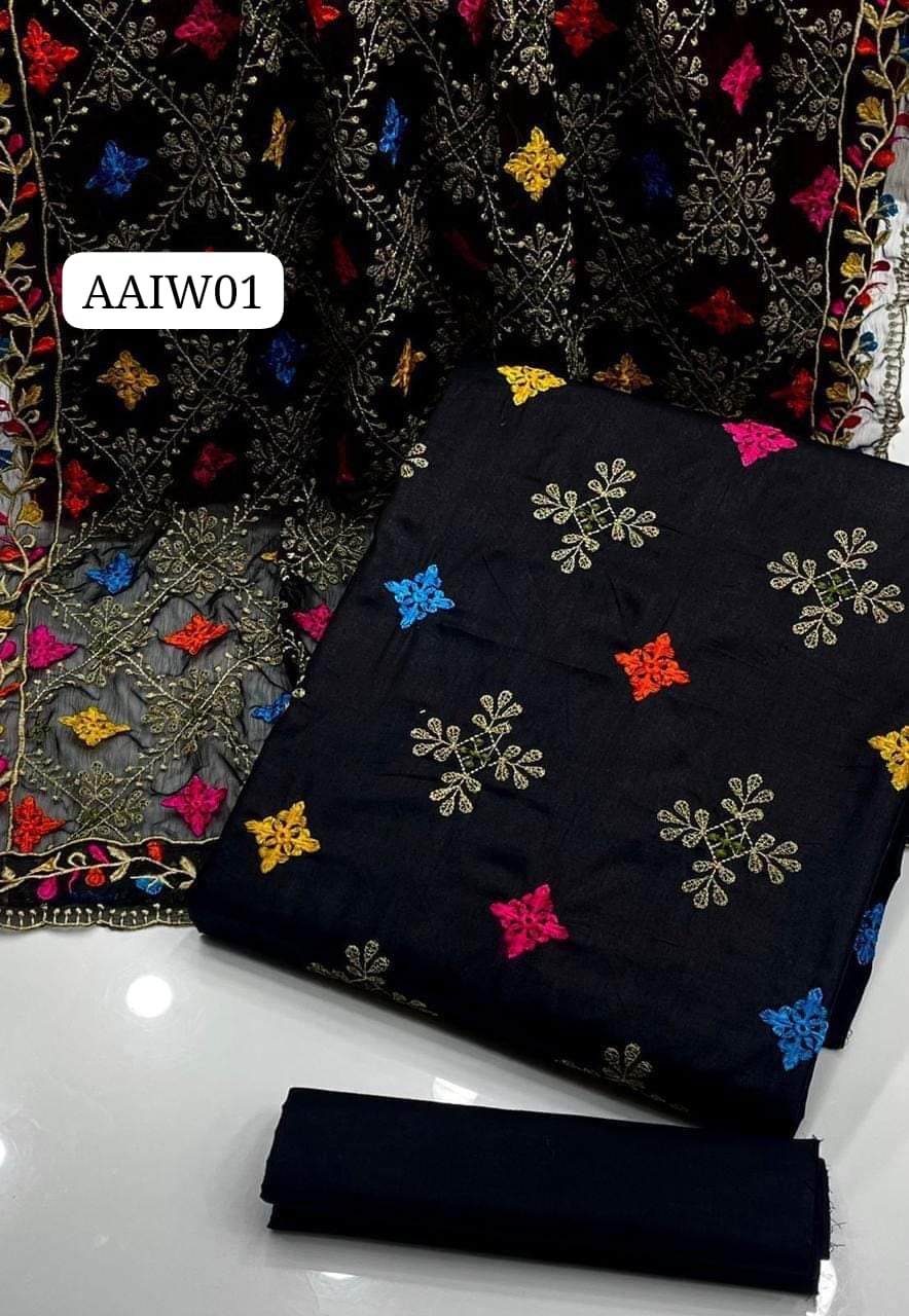 Stuff Soft Cotton All Over Shirt And Chiffon All Over Embroidery Jaal Dupatta With Cotton Trouser 3PC Dress