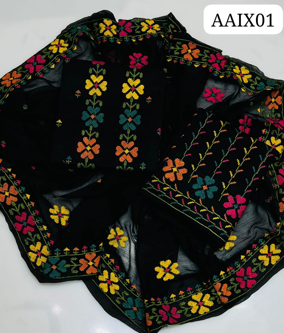 New cotton collection # 3 pieces suits #  Black lover's #  Multiple Cross stich embroidery #  Duppata # shafoon singal badar embroidery #