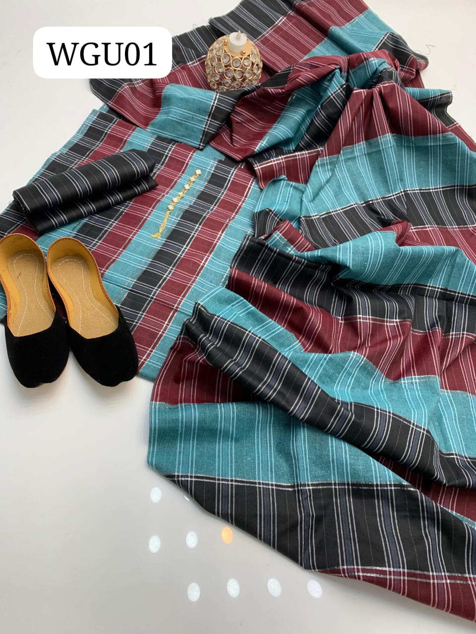 Multani Check cotton Shirt   With Check Cotton Lining Dupatta  And lining Trouser