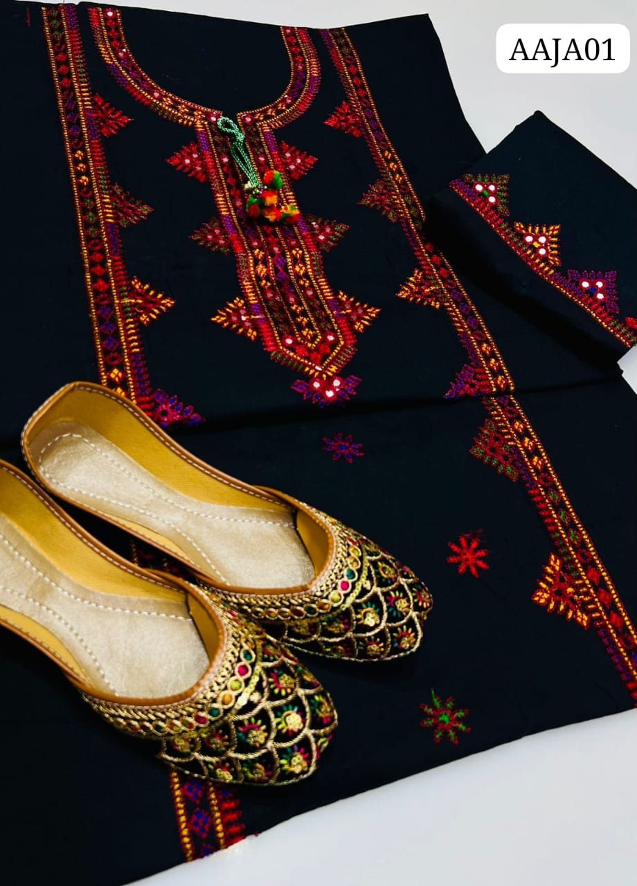 Stuff Cotton Nect Embroidery Balochi Sequence Shirt And Cotton EMbroidery Trouser 2PC Dress