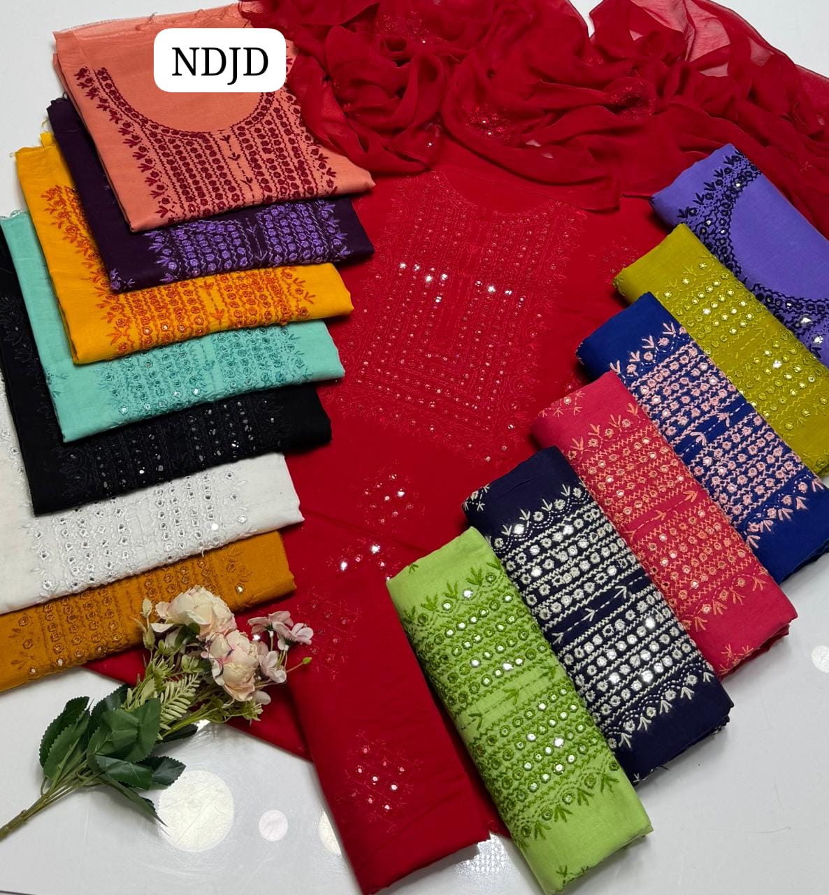 Most Demanding Handmade Artical Stuff Soft  Lawn original mirror work Shirt, Attach Trouser Along With Chiffon Embroided Dupatta 3pcs Dress