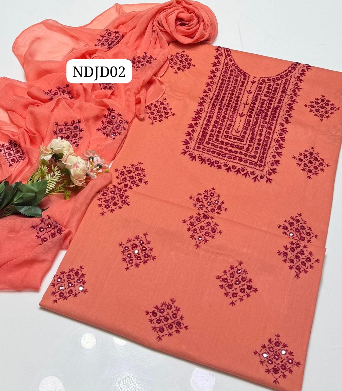 Most Demanding Handmade Artical Stuff Soft  Lawn original mirror work Shirt, Attach Trouser Along With Chiffon Embroided Dupatta 3pcs Dress