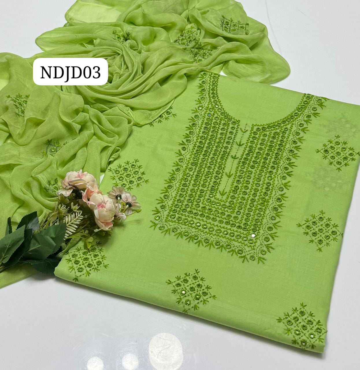 Most Demanding Handmade Artical Stuff Soft  Lawn original mirror work Shirt, Attach Trouser Along With Chiffon Embroided Dupatta 3pcs Dress