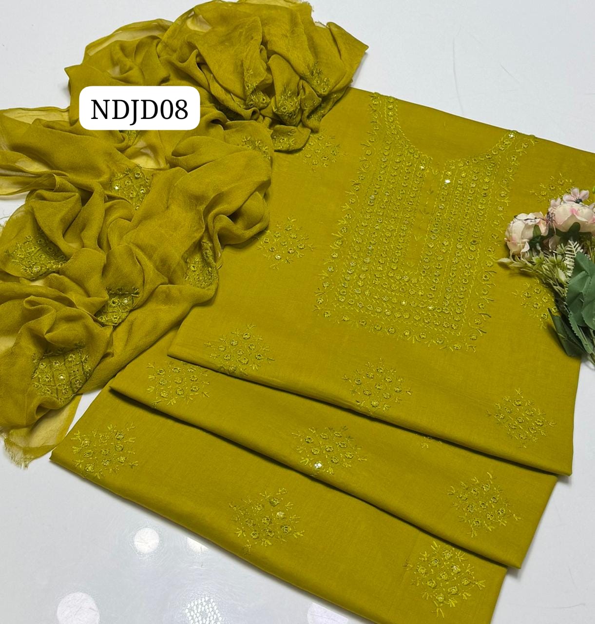 Most Demanding Handmade Artical Stuff Soft  Lawn original mirror work Shirt, Attach Trouser Along With Chiffon Embroided Dupatta 3pcs Dress