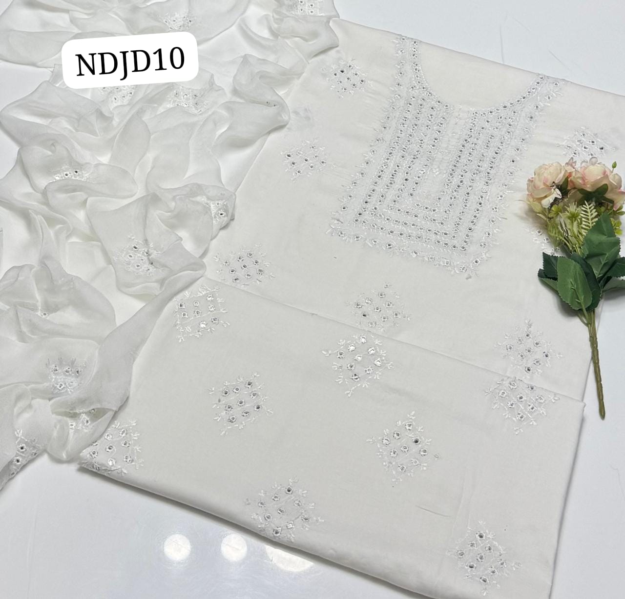 Most Demanding Handmade Artical Stuff Soft  Lawn original mirror work Shirt, Attach Trouser Along With Chiffon Embroided Dupatta 3pcs Dress