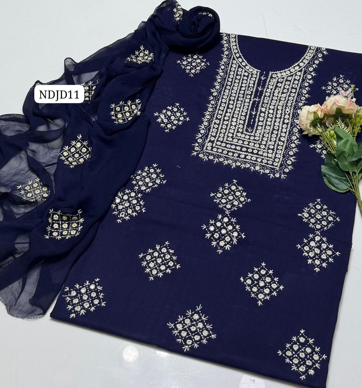 Most Demanding Handmade Artical Stuff Soft  Lawn original mirror work Shirt, Attach Trouser Along With Chiffon Embroided Dupatta 3pcs Dress