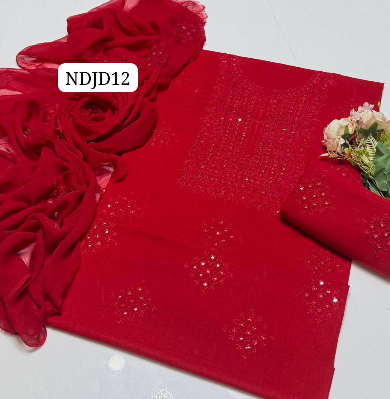 Most Demanding Handmade Artical Stuff Soft  Lawn original mirror work Shirt, Attach Trouser Along With Chiffon Embroided Dupatta 3pcs Dress