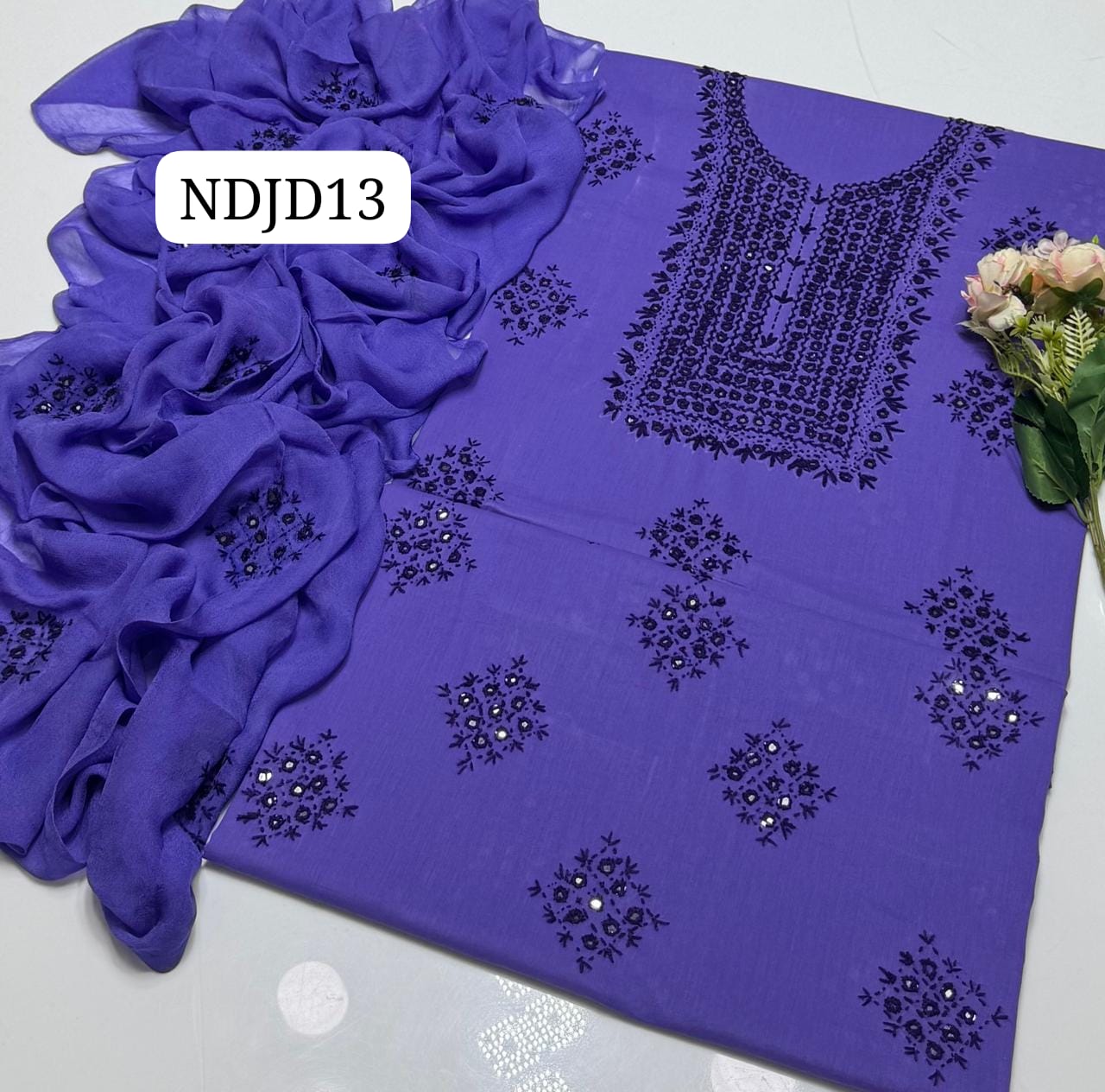 Most Demanding Handmade Artical Stuff Soft  Lawn original mirror work Shirt, Attach Trouser Along With Chiffon Embroided Dupatta 3pcs Dress