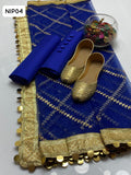 Kataan Silk Fabric Plain Shirt With Organza Embroidered Sikka Lase Dupatta And Kataan Silk Trouser 3Pc Dress With Khussa