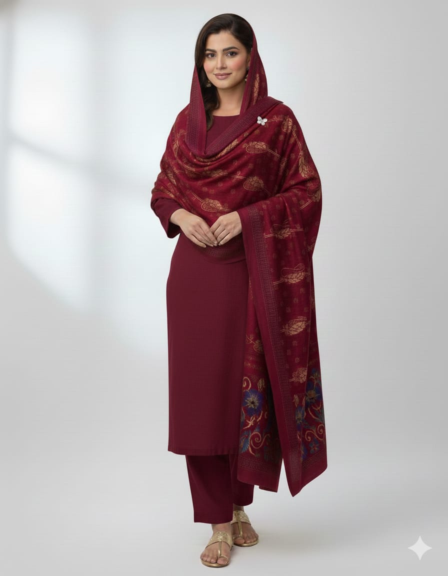 STuff Self Wool Designing shirt and trouser With Heavy All over Jacquard indian  designing borders Full size Shawl 3PC Dress