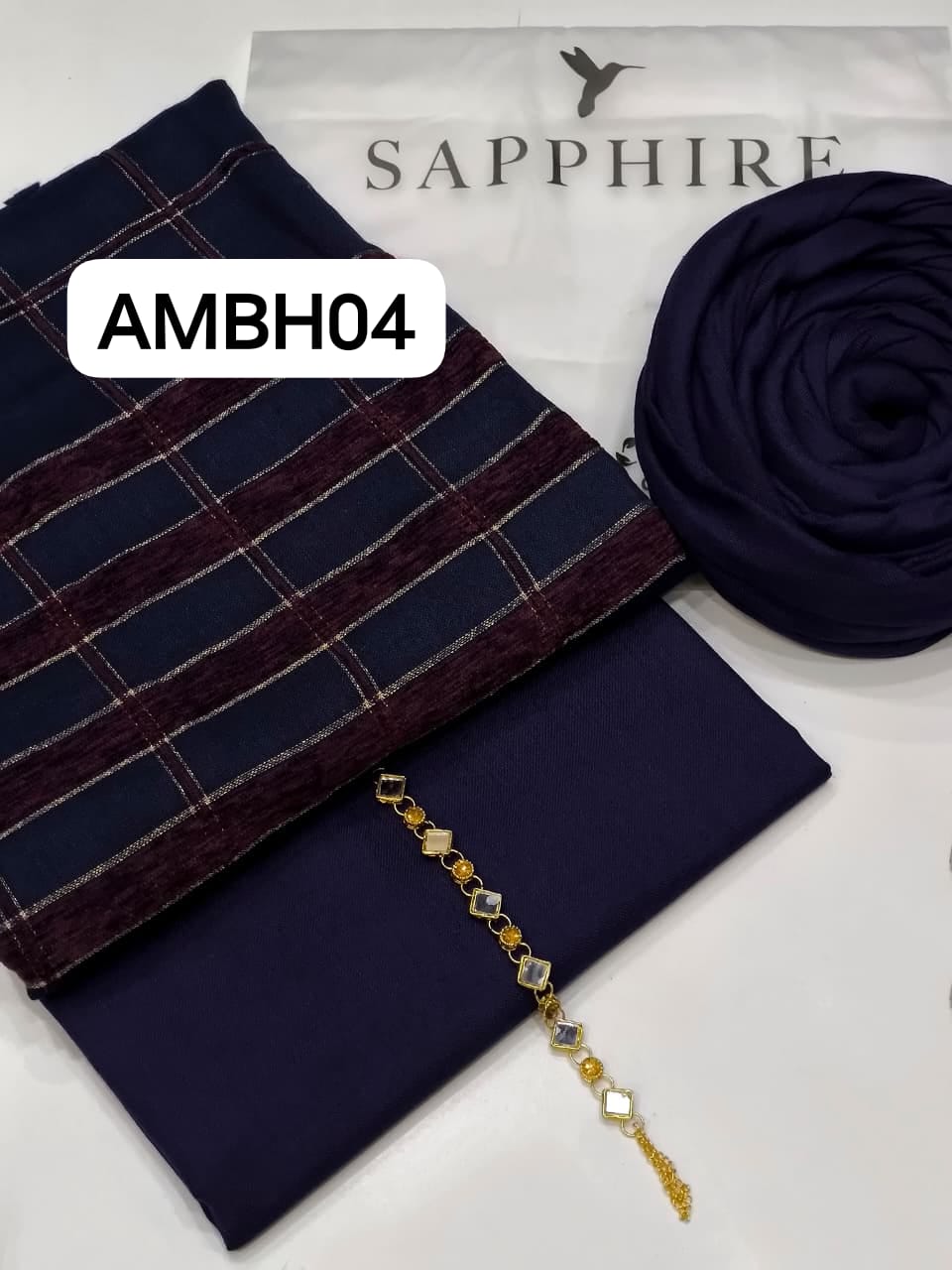 Stuff Dhanak Wool Velvet Bana dora style Shirt Plain Dhanak wool Trouser Along With Dhanak wool Velvet Motive Jall Shawl 3 Pcs Dress