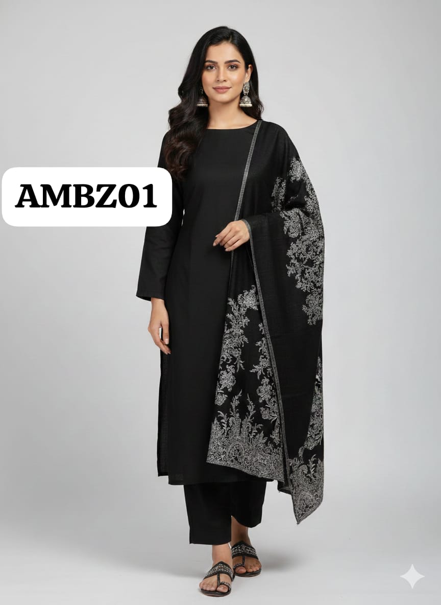 STuff Marina Plain Shirt And Trouser With Heavy indian broshia 3D Big sizes flowers Shawl 3PC Dress