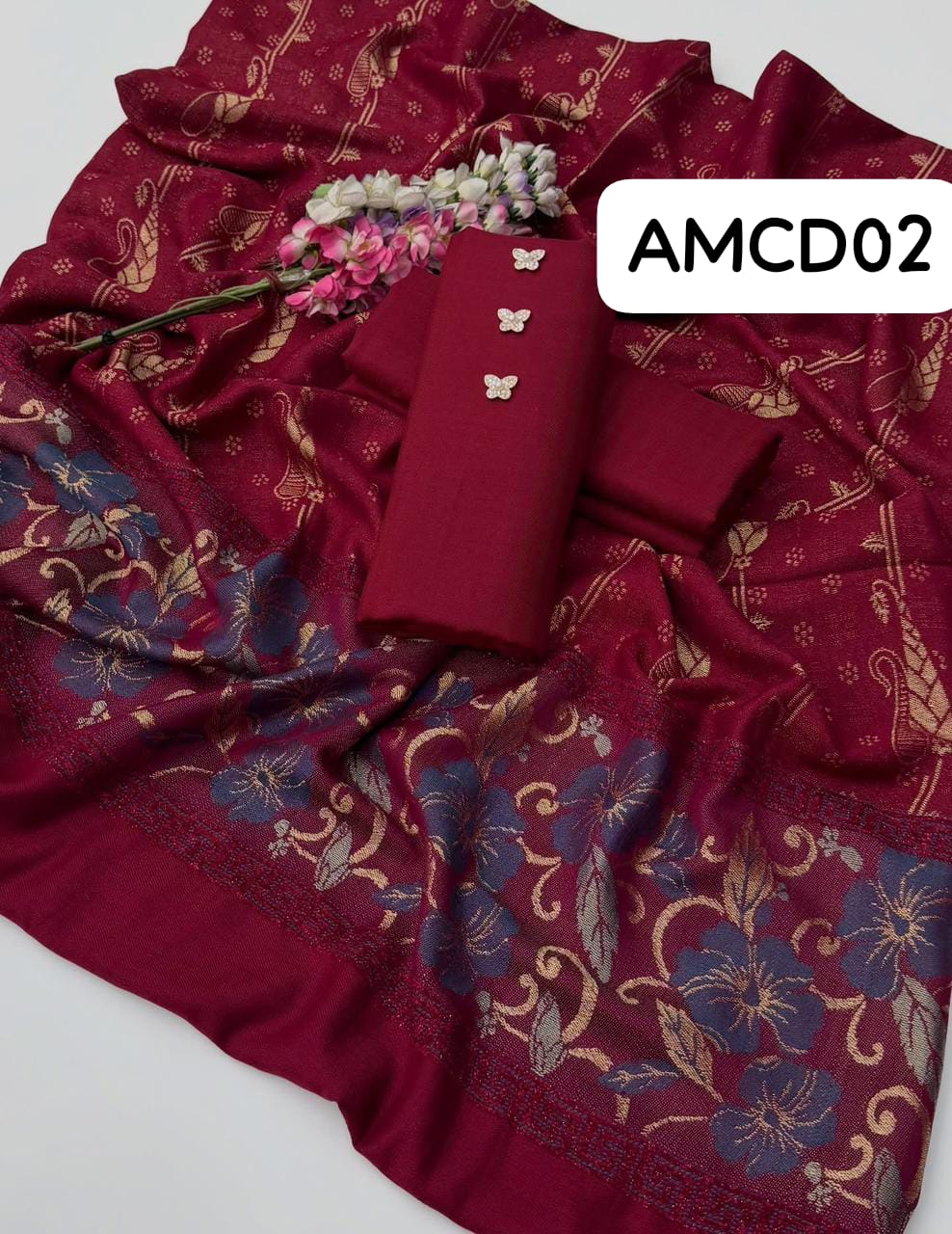 STuff Self Wool Designing shirt and trouser With Heavy All over Jacquard indian  designing borders Full size Shawl 3PC Dress