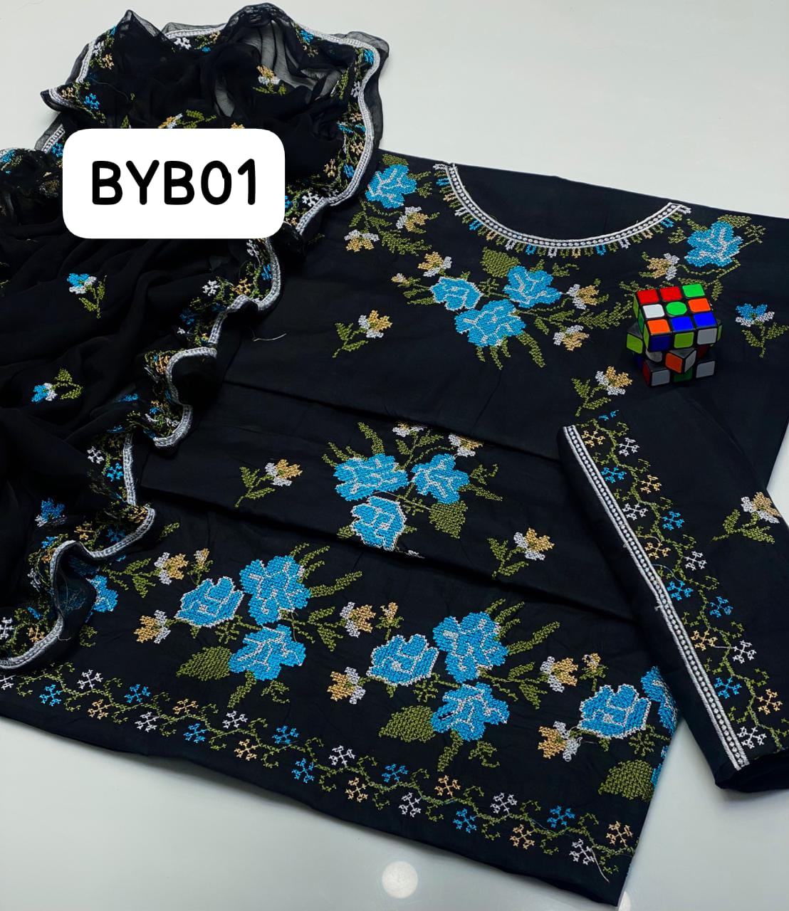Stuff Cotton Cross Stich Front Full Gala Daman Embroidery Shirt And Embroidery TROUSER With Chiffon Beautiful Embroidery Dupatta 3PC Dress