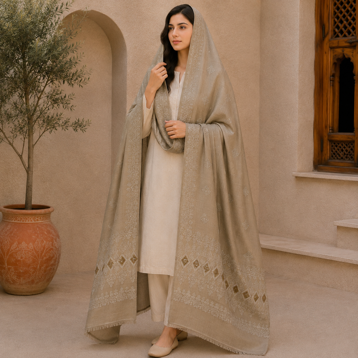 Winter Pashmina Stone Work With Embroidery Shawl