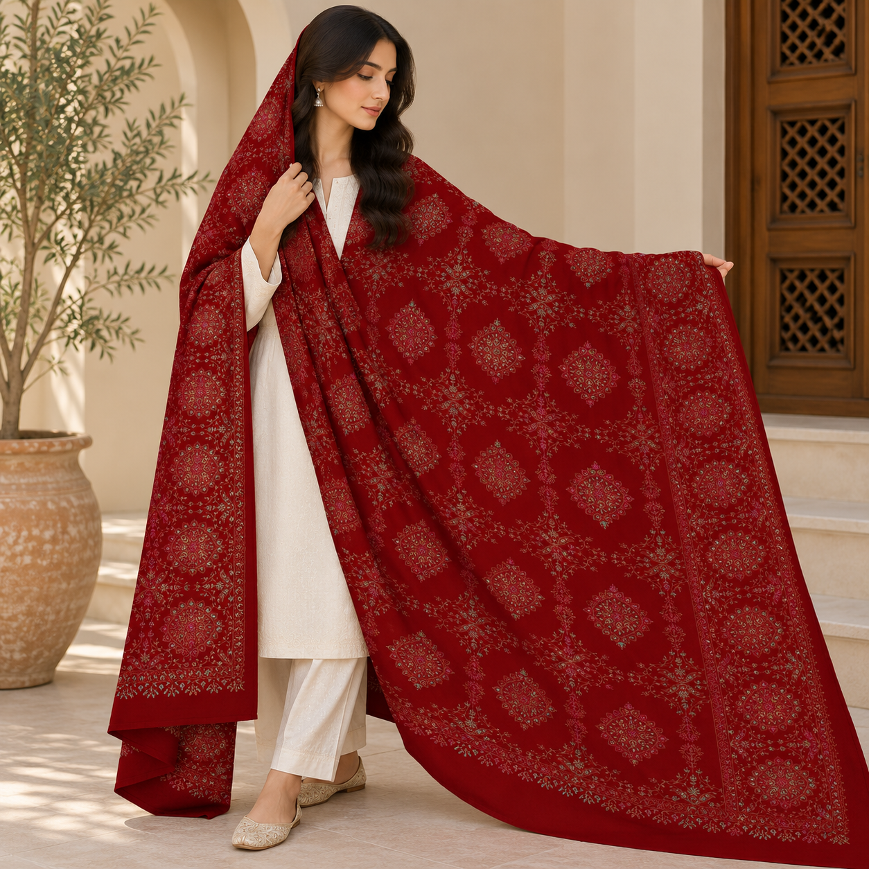 Winter Pashmina Block Print With Handmade Soi Embroidery Shawl