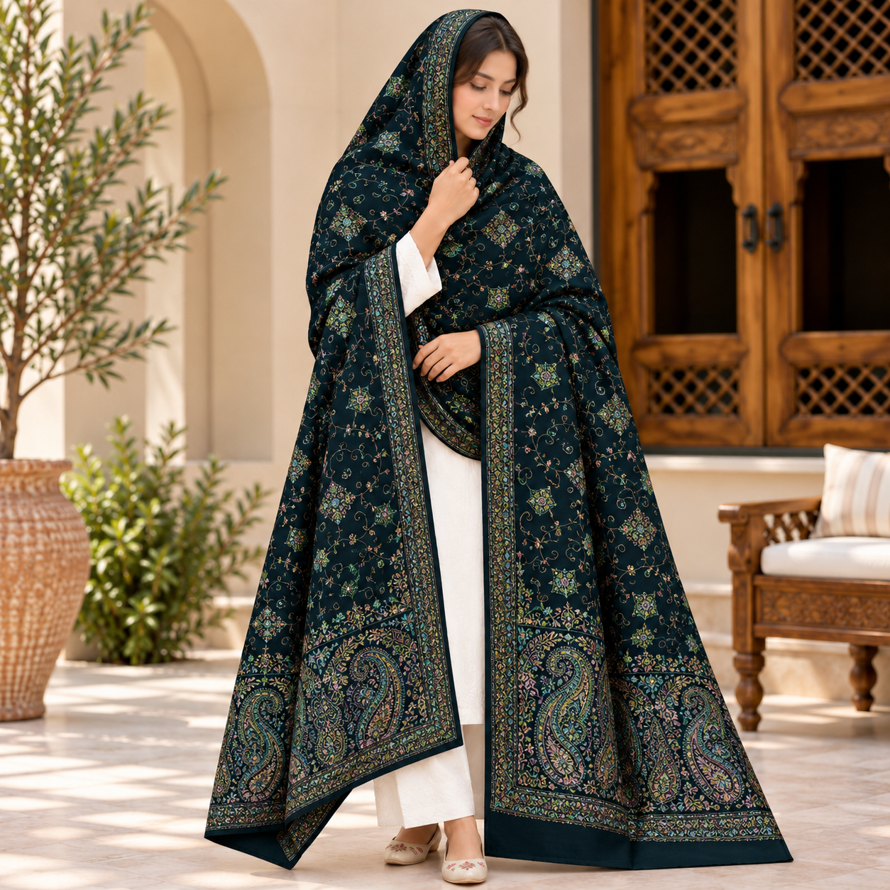 Winter Pashmina Block Print With Handmade Soi Embroidery Shawl