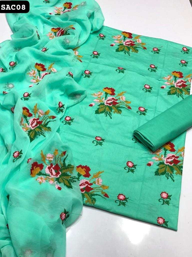 Lawn Fabric Machine Cross Stitch Booti Jaal Embroidered Shirt With Chiffon Embroidery Jall Dupatta And Plain Lawn Trouser 3pc Dress