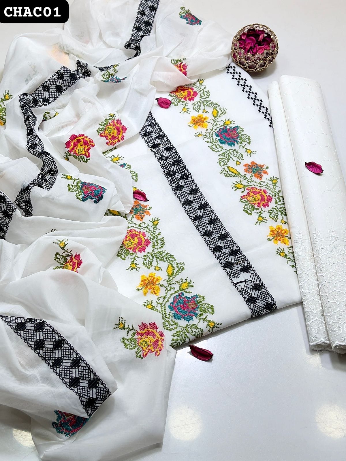 Paper Cotton Fabric Cross Stitch Work Shirt And Dupatta With Cotton Lawn Chiken Kari Trouser 3pc Dress