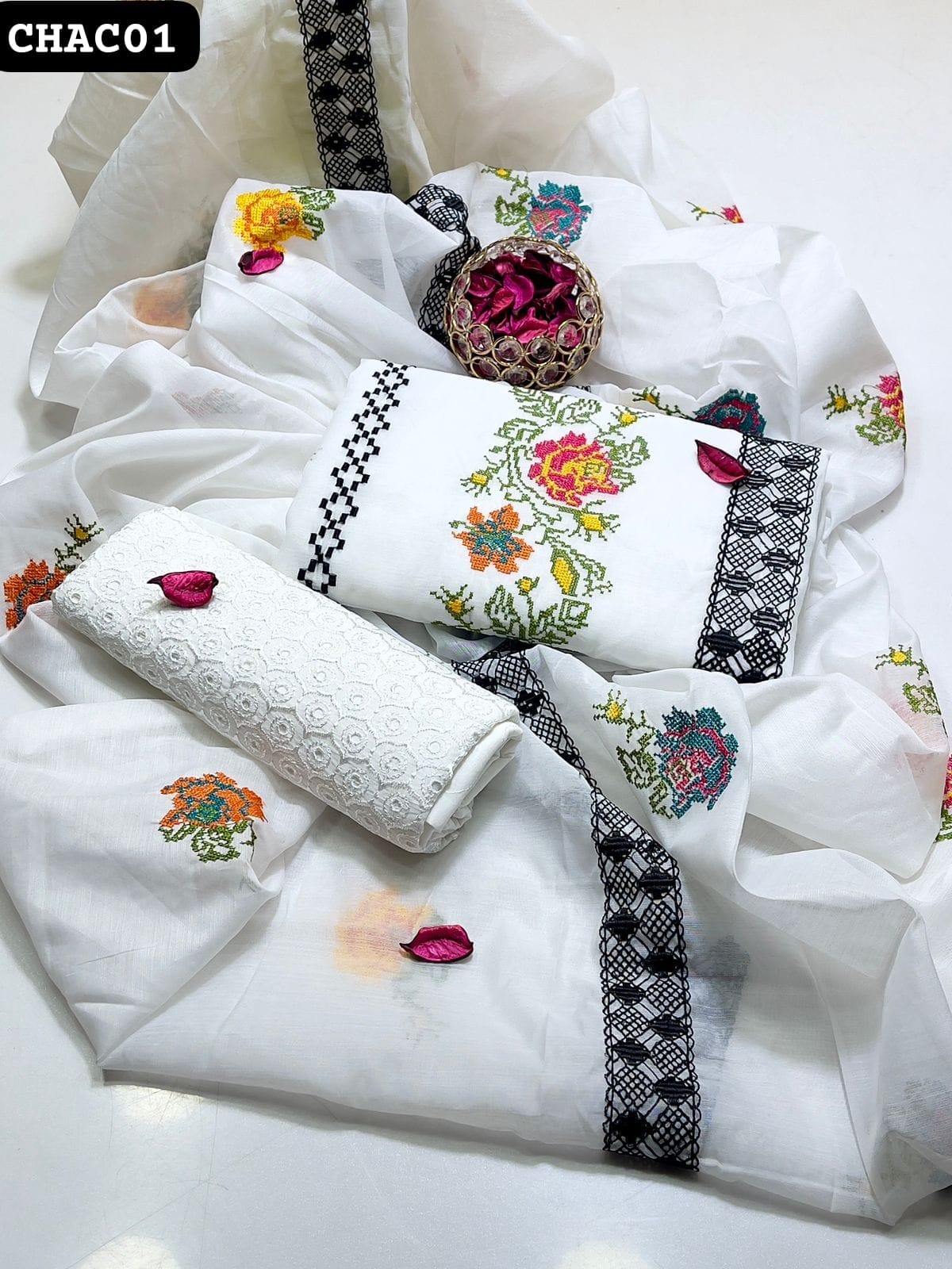 Paper Cotton Fabric Cross Stitch Work Shirt And Dupatta With Cotton Lawn Chiken Kari Trouser 3pc Dress