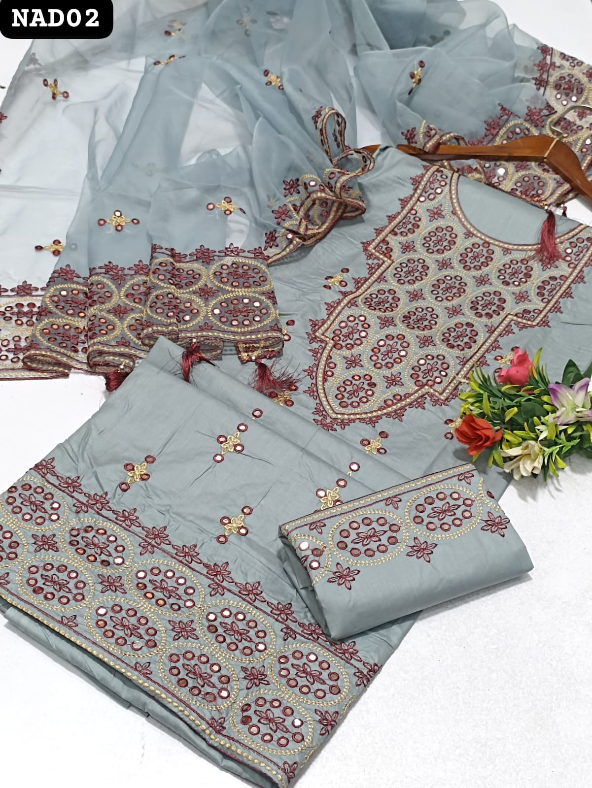 Soft Lawn Fabric 9MM Galla Daman Work Shirt With Same Color 2 Side Pallu Embroidery Organza Dupatta And Lawn Embroidered Trouser 3pc Dress