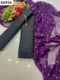 Lawn Fabric Chiken Kari Shirt And Trouser With Chiffon Booti Work Dupatta 3PC Dress With neckline