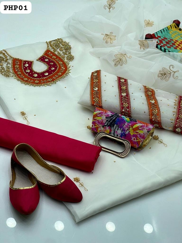 New Eid 5 Pcs Collection   Organza Handmade + Aari Zarri Beads And Gotta Work Applique Shirt With Heavy Sleeves Patch Work Along Aari Work Organza Dupatta And Katan Silk Trouser   Matching Khussa And Clutch Included
