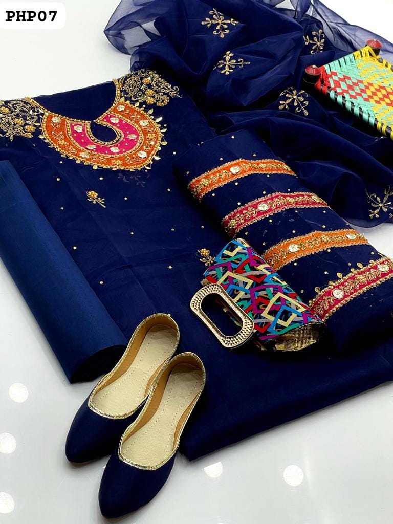 New Eid 5 Pcs Collection   Organza Handmade + Aari Zarri Beads And Gotta Work Applique Shirt With Heavy Sleeves Patch Work Along Aari Work Organza Dupatta And Katan Silk Trouser   Matching Khussa And Clutch Included