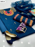Organza Handmade Aari Zarri Beads Gotta Work Applique Shirt With Sleeves Patch Along Aari Work Dupatta And Katan Silk Trouser With Khussa & Clutch