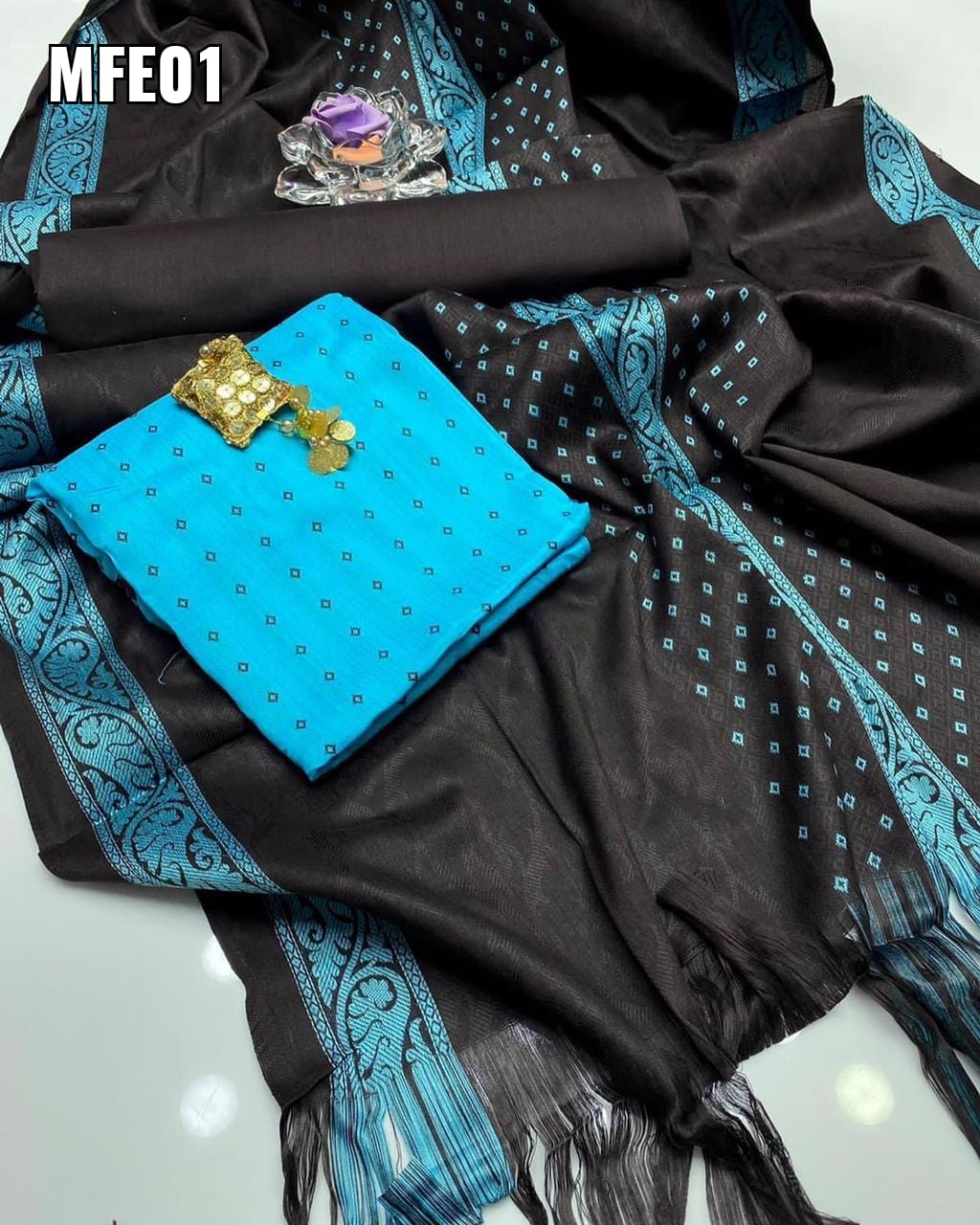 Winter Collection Stuff Stapple Sussi Bindi Work Shirt & Trouser Plain With Shawl Jacquard Banarsi Border Style 3pc Dress