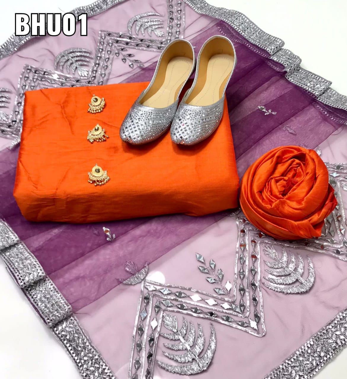 Pure Indian raw silk Shirt and trouser with net mirror work Dupata 3pc Dress
