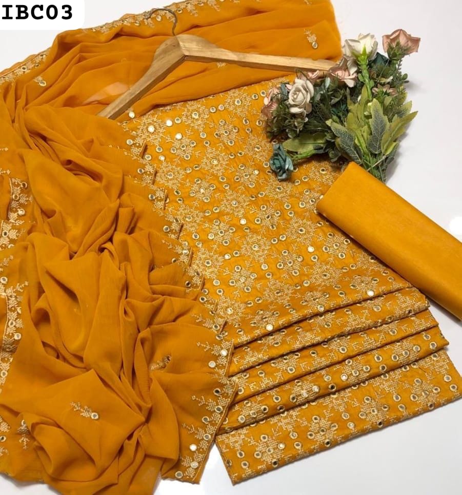 Lawn Fabric Computer Cross Stitch Embroidery With 9MM Work Shirt Along Chiffon 2 Side Border Embroidered Dupatta And Plain Lawn Trouser 3Pc Dress