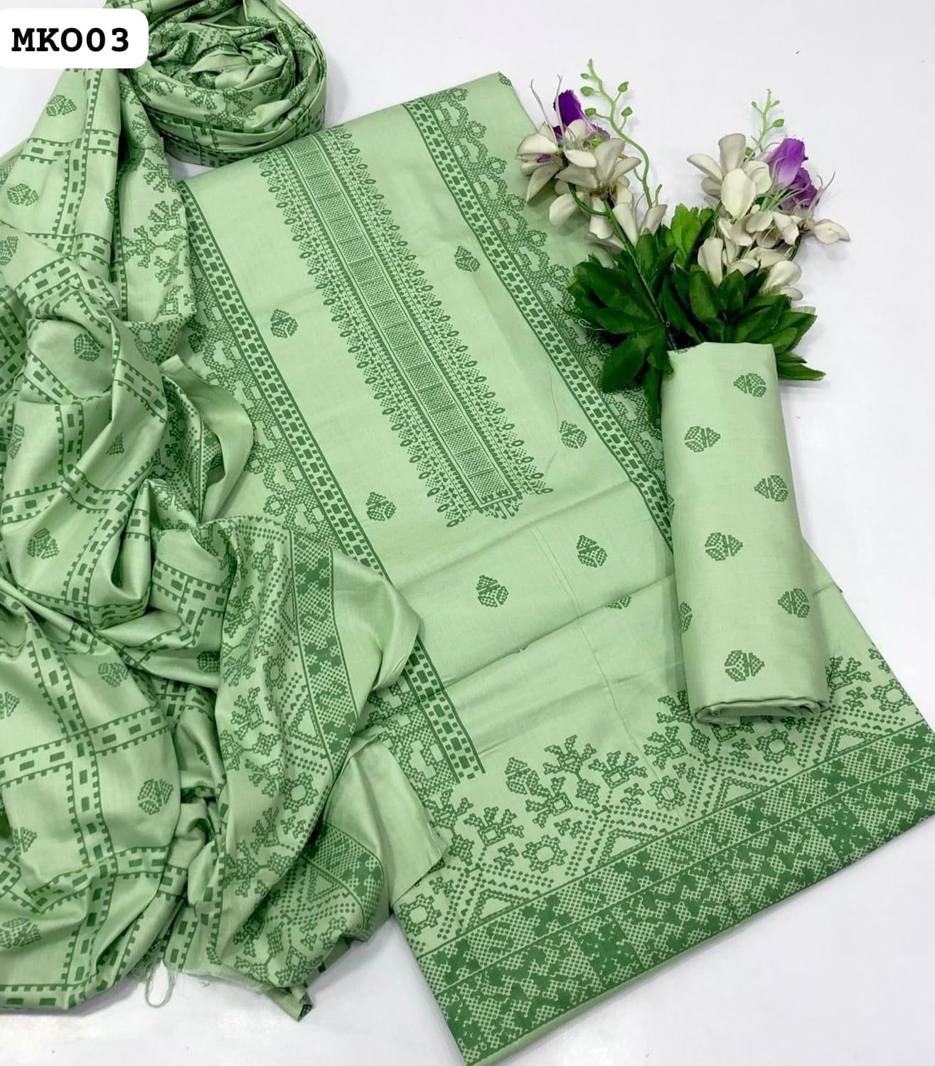 Lawn Cotton Fabric Screen Print Shirt And Dupatta With Same Color Lawn Trouser 3Pc Dress