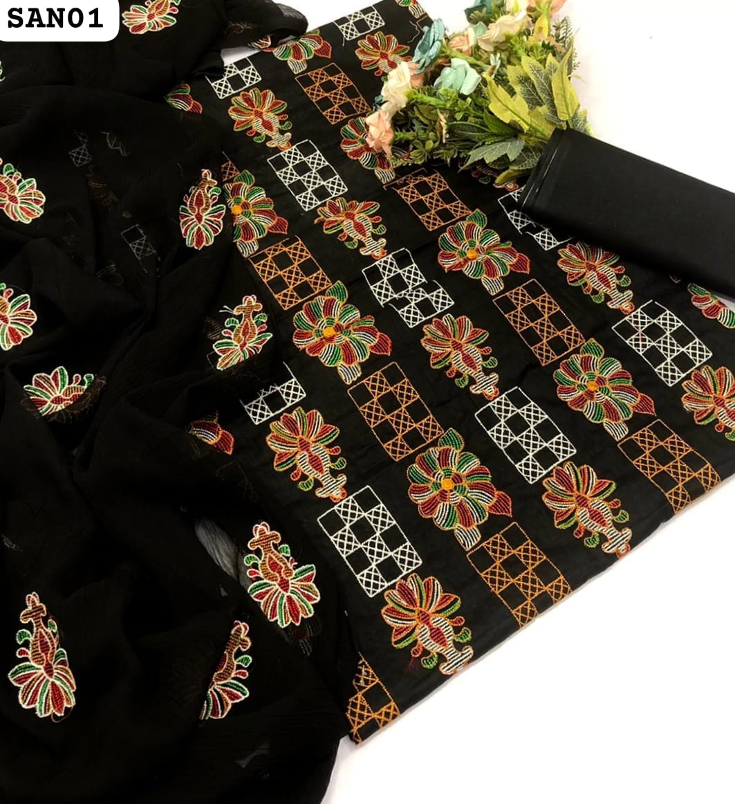 Lawn Fabric Machine Kacha Gulab Work Shirt With Chiffon Embroidery Dupatta And Plain Lawn Trouser 3Pc Dress