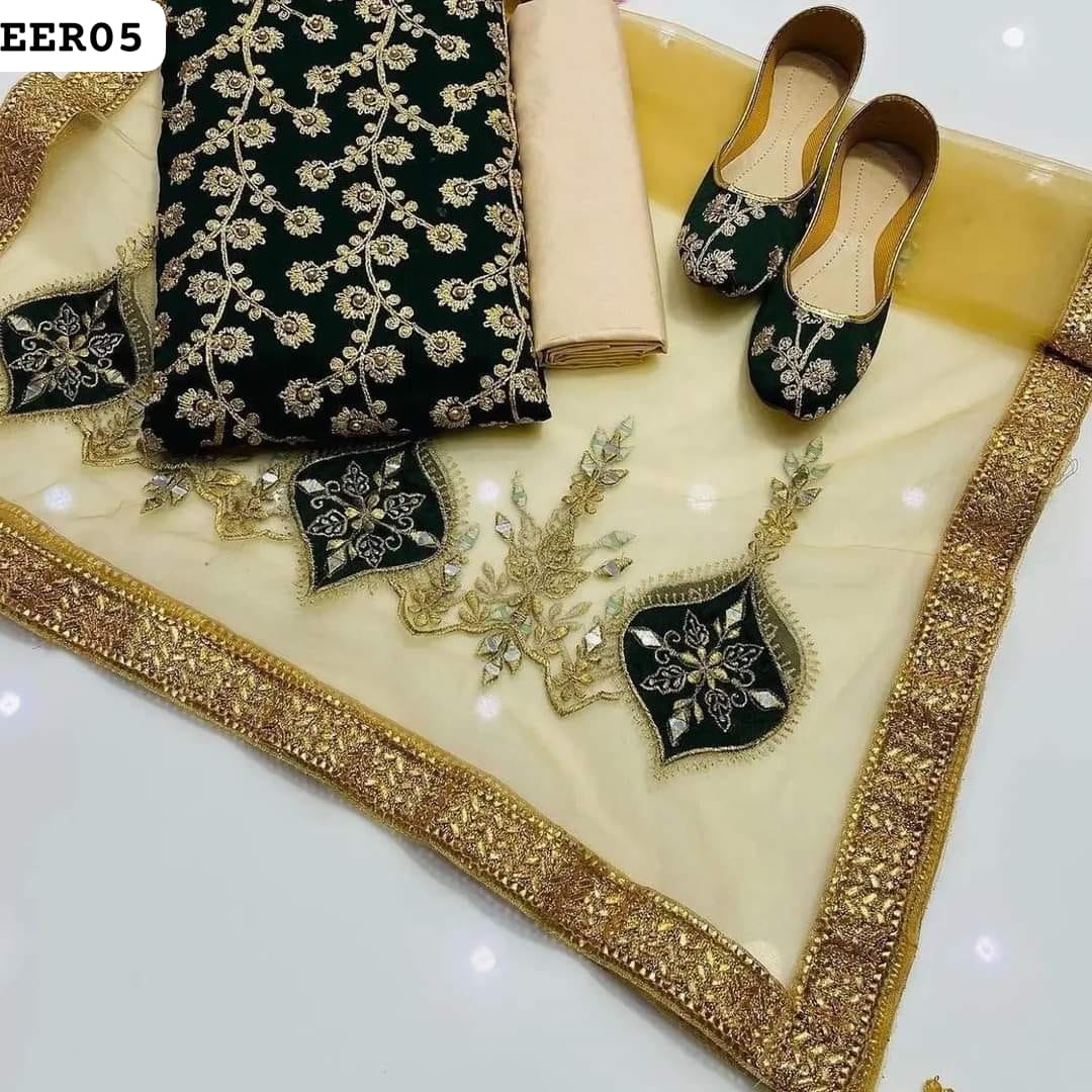 Party Wear Collection  Chiffon Fabric Nag Jaal Work Shirt With Net Mirror & Applique Work Dupatta With Masoori Trouser 3Pc Dress  Khussa As a Gift