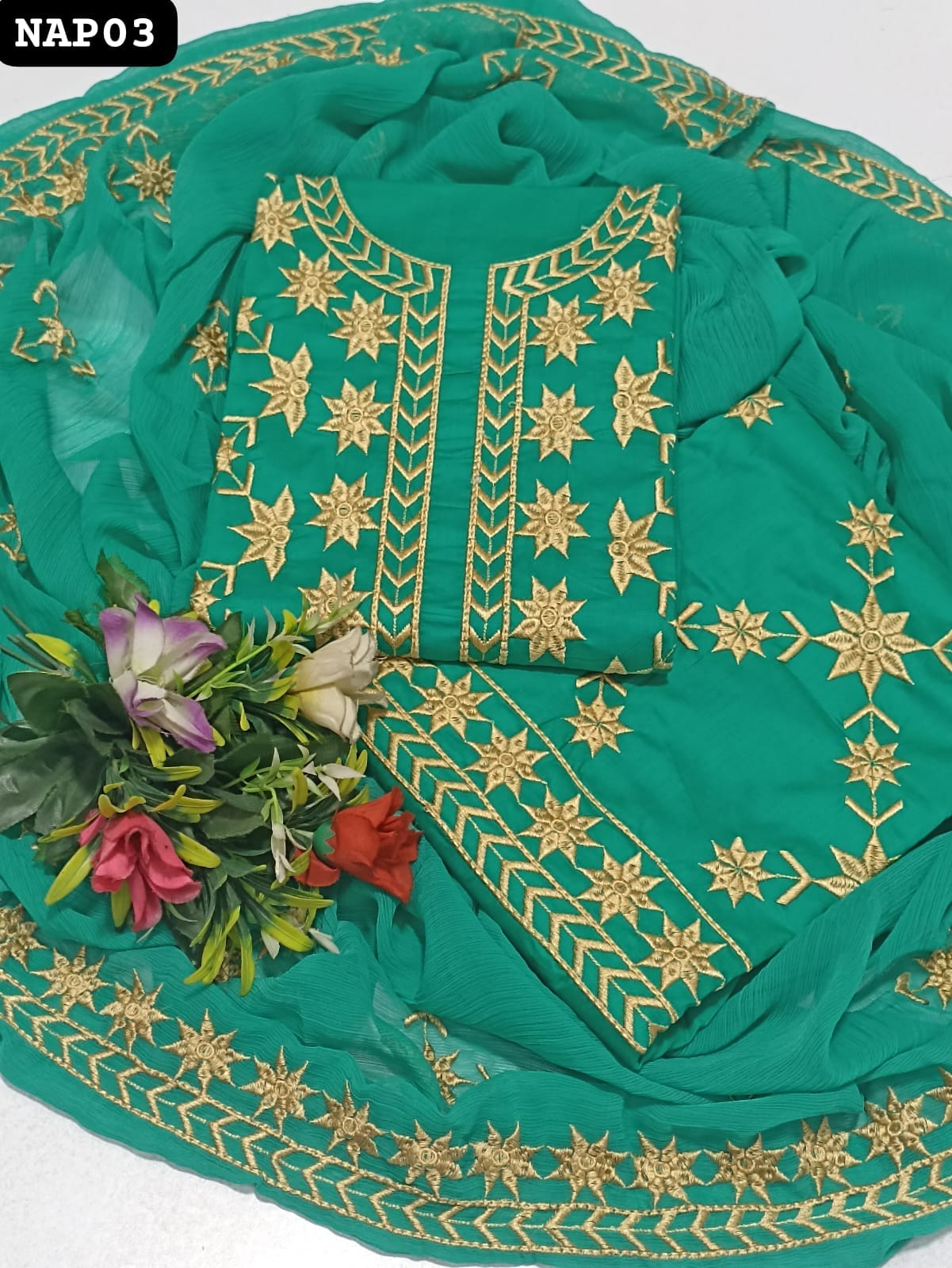 Soft Lawn Fabric Computer Aari Galla Daman Embroidered Shirt With Chiffon Heavy Embroidered Dupatta And Lawn Embroidered Trouser 3Pc Dress